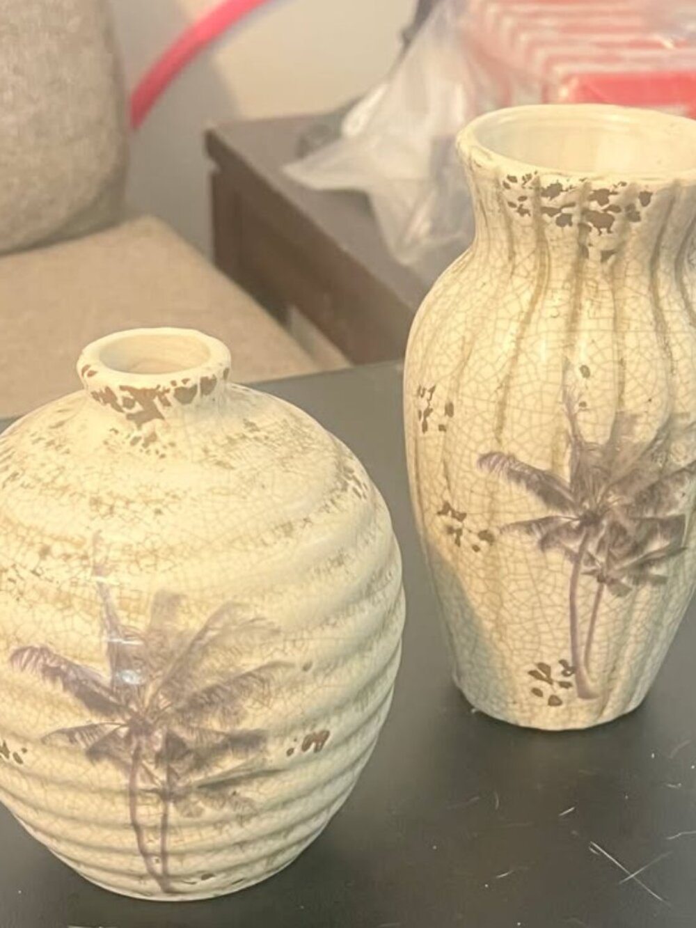 Pair of Vintage Studio Pottery Vases with Palm Tree Motif and Crackle Glaze